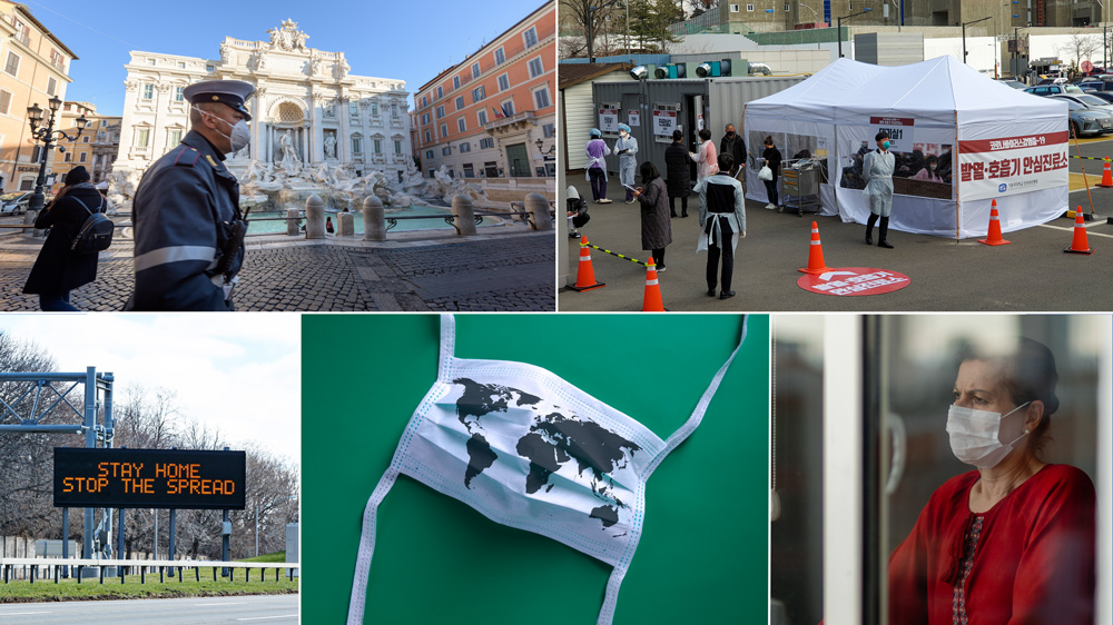 A collage of photographs taken in Italy, South Korea, and the United States during the Covid-19 pandemic