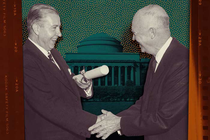 James Killian shakes hands with U.S. President Dwight Eisenhower, circa 1956