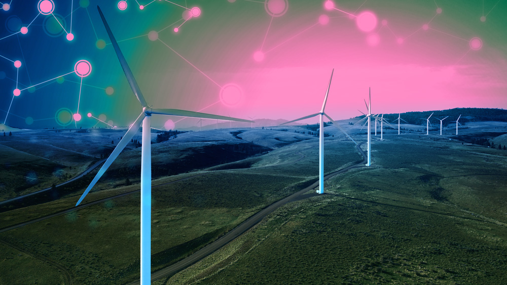 Photo of wind turbines in rural landscape, with neural-network graphic in the sky.