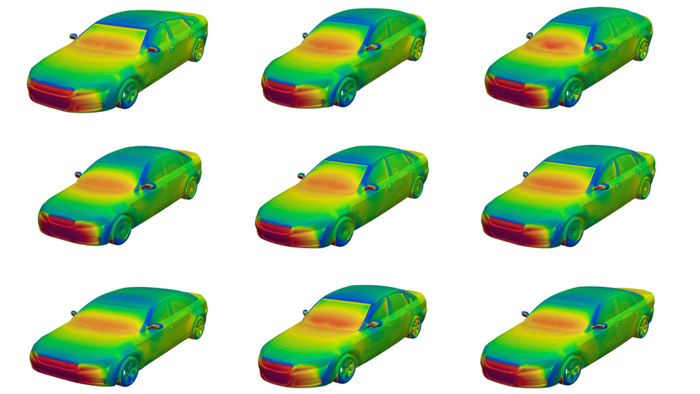 A grid of 9 cars. Each is rainbow-colored showing their surface fields. The bumpers are red while the roofs are blue and green.