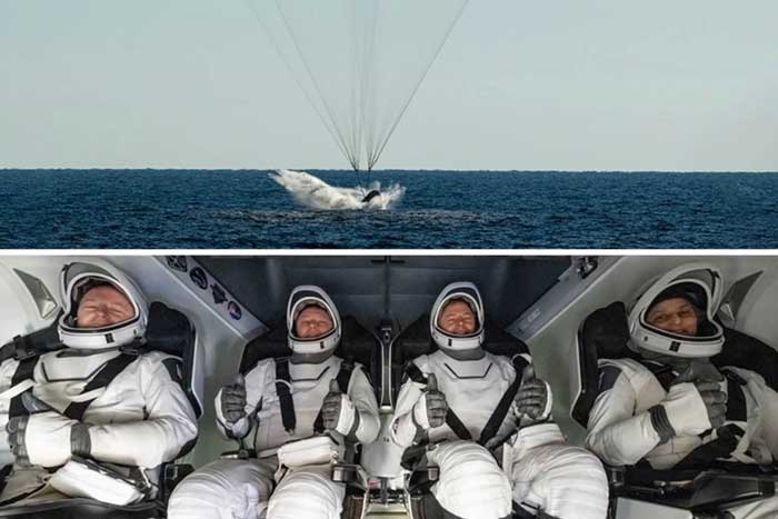 2 photos show craft landing in ocean, and view of 4 people seated in craft