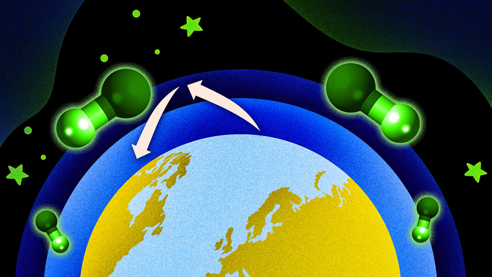 stylized molecules float in Earth's atmosphere