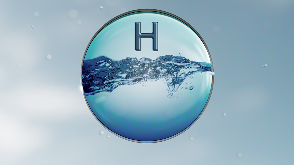 A sphere filled with the water, and the letter "H" for hydrogen.